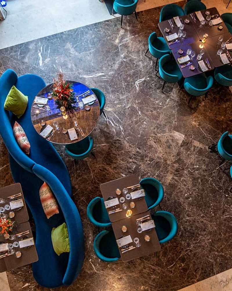 Group table layout seen from above, with Christmas centrepieces