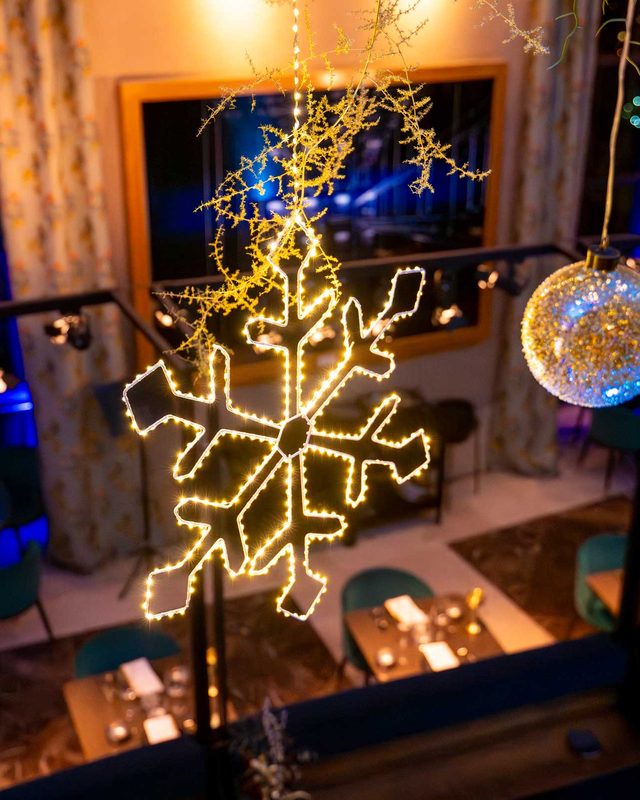 Light snowflake and mirror ball above the room